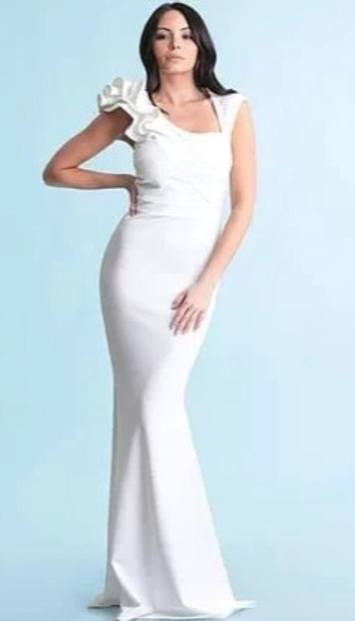 Symphony Talk of The Town, Off-White Gown Prom-Dress, With Ruffled Shoulder.