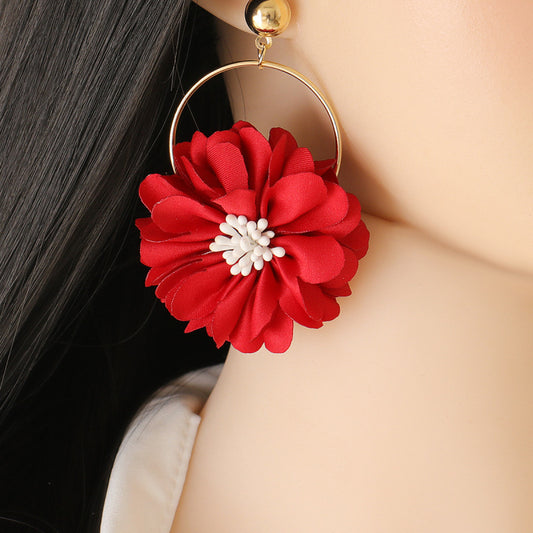 Multi-layer Chiffon Lace Flower Jewelry Pink, Red Earring.