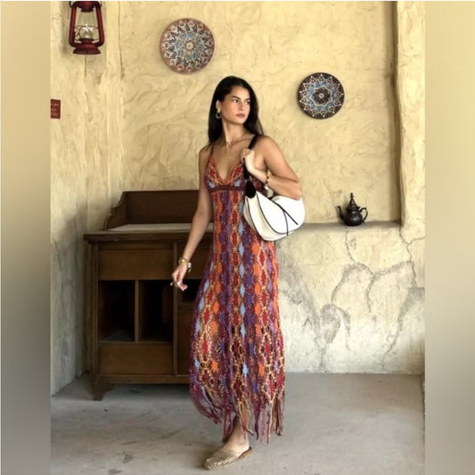 ZARA, Colorful Crochet Maxi Dress. Size: Fit Small, Medium.