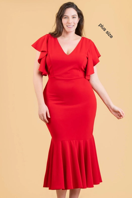 Ruffle Sleeve, V Neck Red Maxi-Dress.
