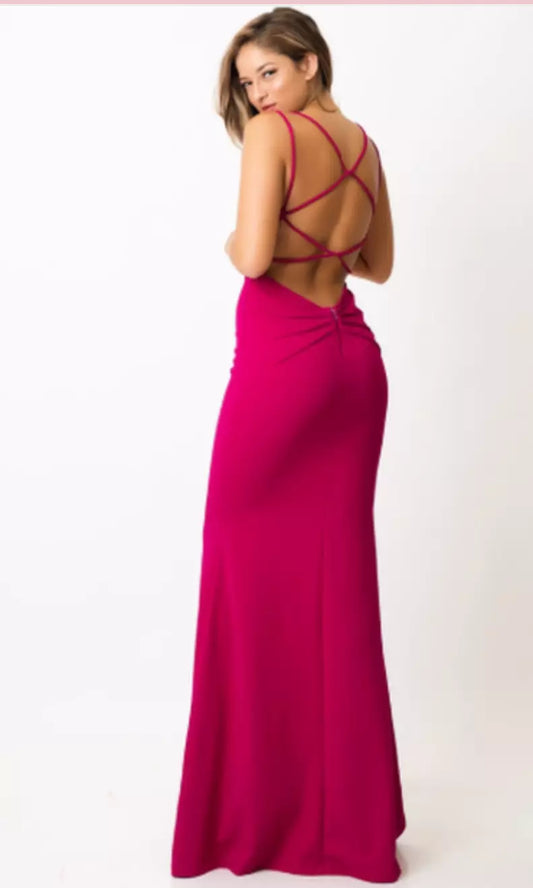 Symphony, Long Fitted Dress, V-Neck With Cross Open Back, Very-Berry Prom Dress.