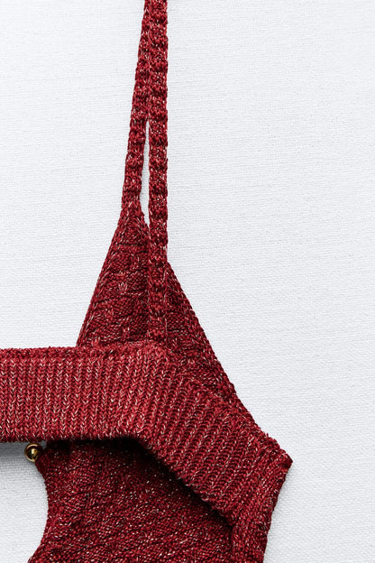 ZARA, Women Midi Strappy Dress With Buckle Cut-Out Red-Dress. Size: M