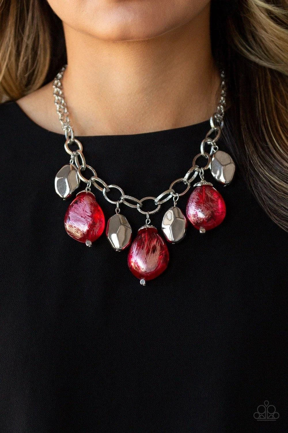 Colorfully Confident Red, Brown, Silver Paparazzi-Jewelry Necklaces.