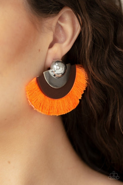 Paparazzi-Jewelry, Fan The FLAMBOYANCE - Orange, Green- Fringe Earrings