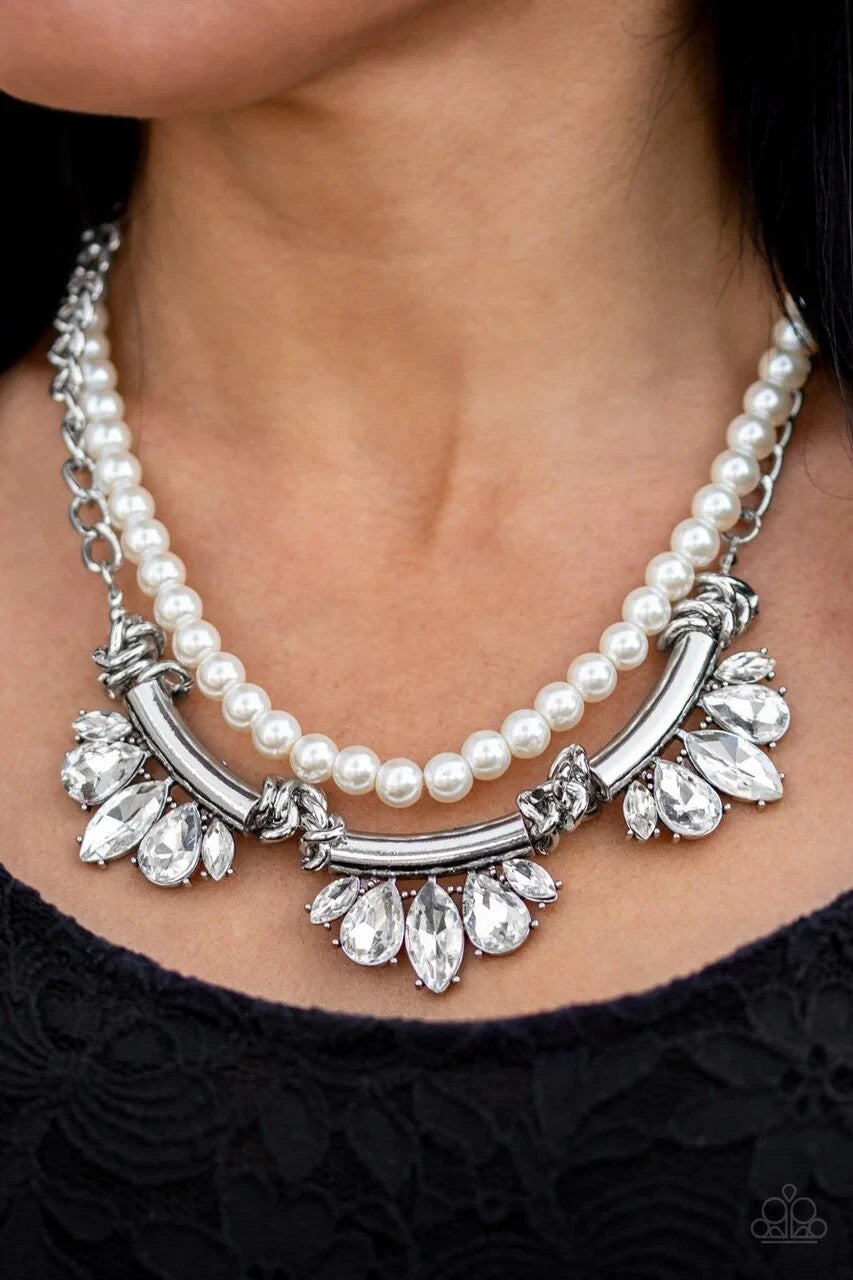 Bow Before The Queen, White-Paparazzi-Jewelry Necklaces.