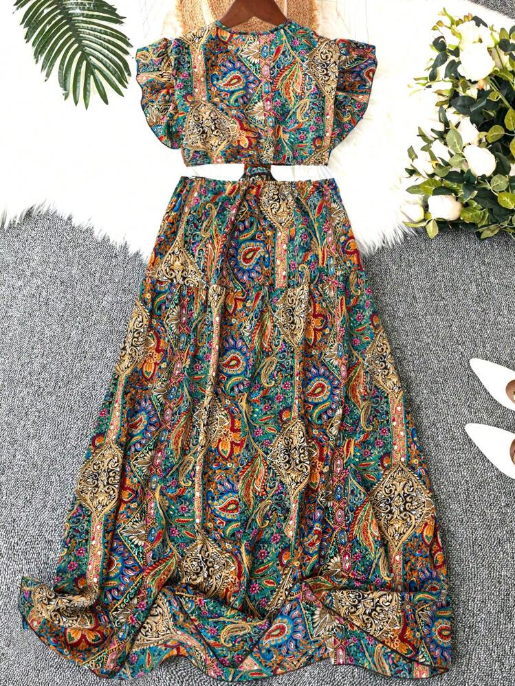 SHEIN Tropical Print Butterfly Sleeve Dress Size: Small.