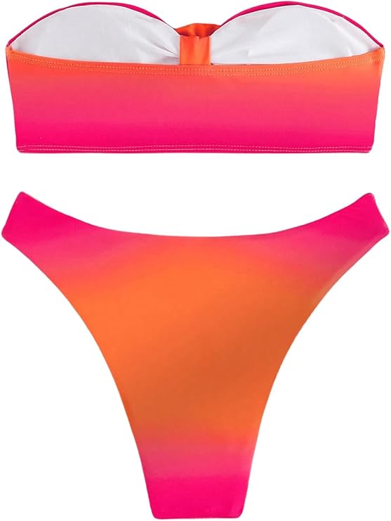 Women's 2 Piece Ombre 3D Floral Appliques Bikini Set Tube Top High Cut Swimsuit