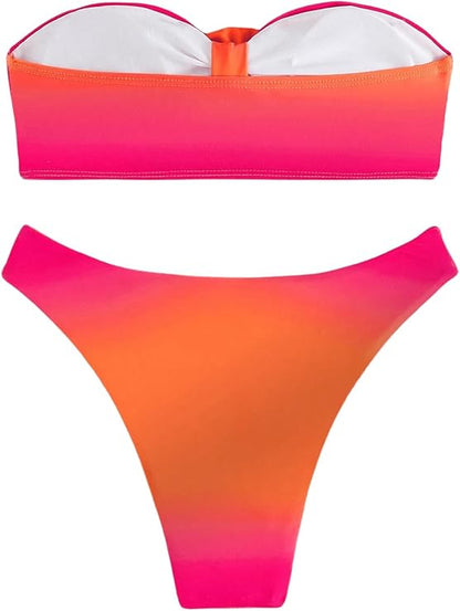 Women's 2 Piece Ombre 3D Floral Appliques Bikini Set Tube Top High Cut Swimsuit