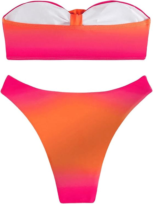 Women's 2 Piece Ombre 3D Floral Appliques Bikini Set Tube Top High Cut Swimsuit