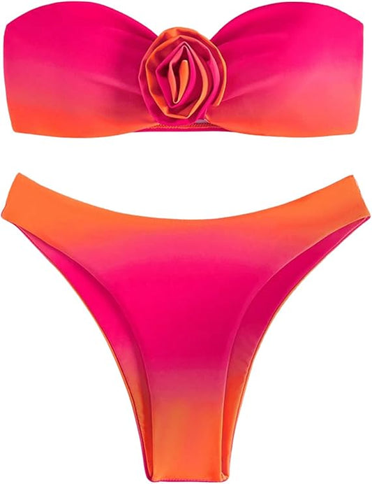 Women's 2 Piece Ombre 3D Floral Appliques Bikini Set Tube Top High Cut Swimsuit