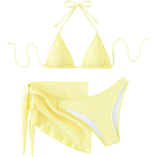 3 pieces Summer Beach Swimwear Women Yellow Bikini Set Size: S.