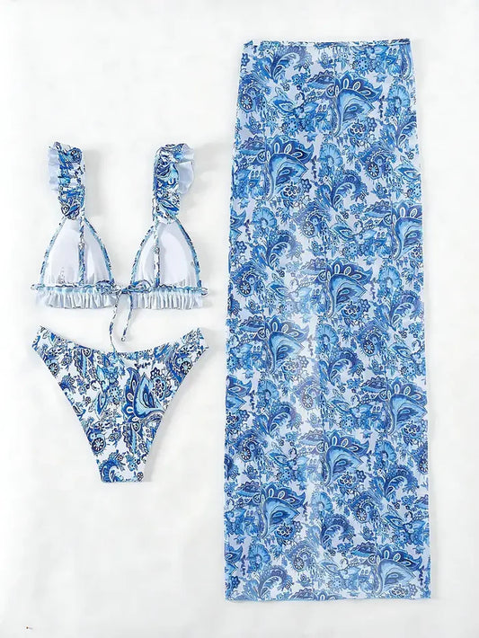 fashionable new printed bikini set of 3 Pieces Beachwear. Size: M