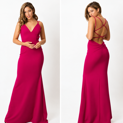 Symphony, Long Fitted Dress, V-Neck With Cross Open Back - Dress.
