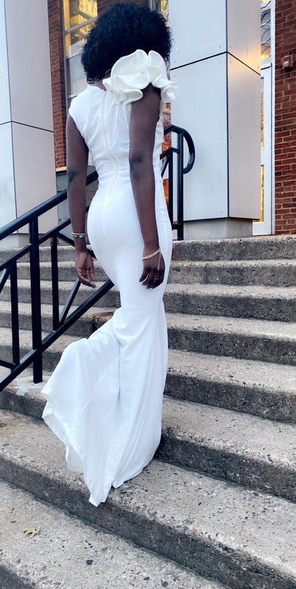 Symphony Talk of The Town, Off-White Gown Prom-Dress, With Ruffled Shoulder.