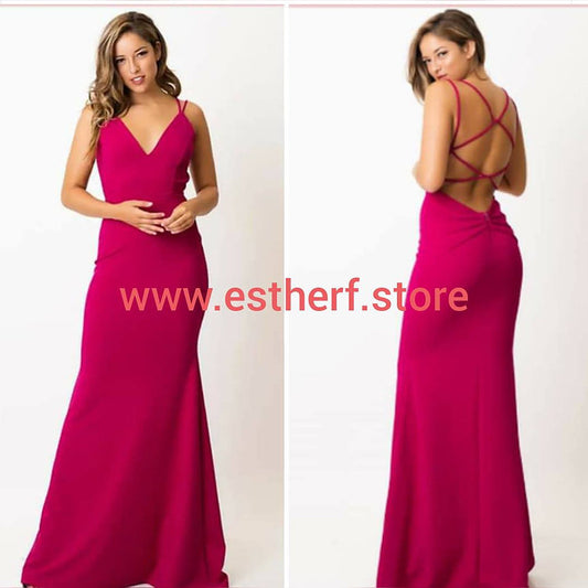 Symphony, Long Fitted Dress, V-Neck With Cross Open Back - Dress.