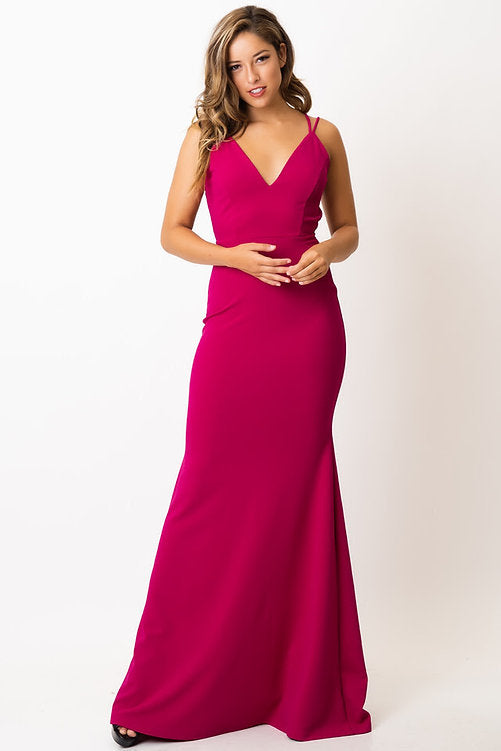 Symphony, Long Fitted Dress, V-Neck With Cross Open Back - Dress.
