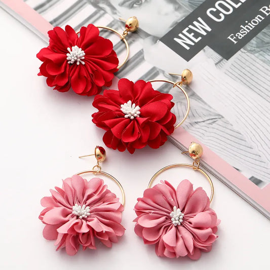 Multi-layer Chiffon Lace Flower Jewelry Pink, Red Earring.