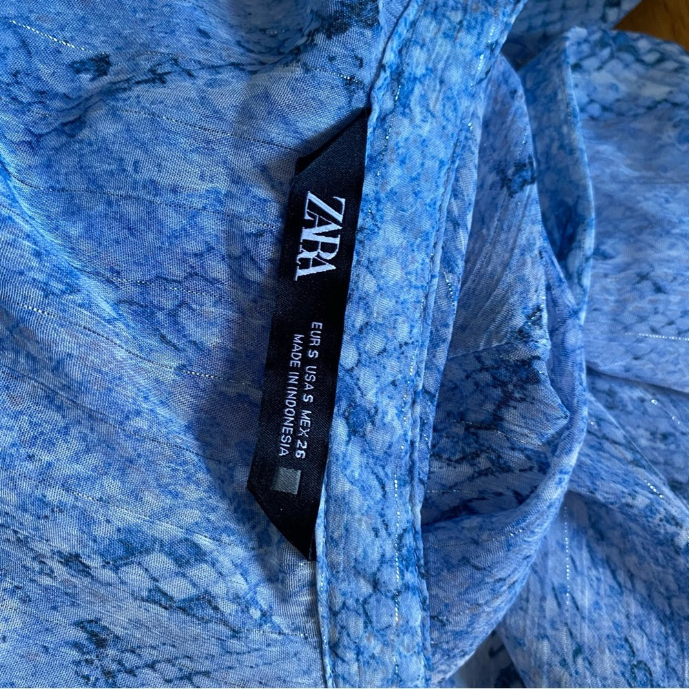 ZARA, See-Through Dress, Blue Snake Print Women Dress: Size Small Can Fit Medium.