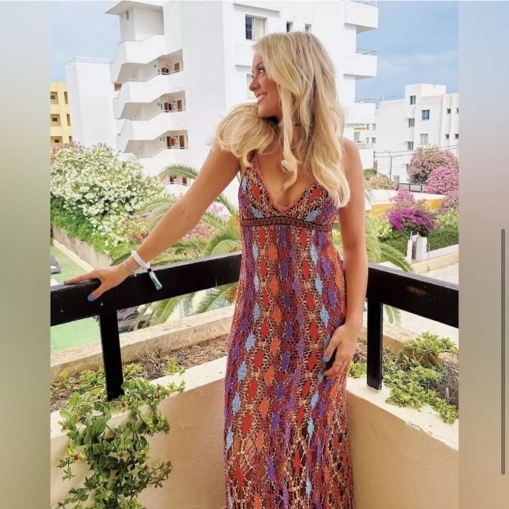 ZARA, Colorful Crochet Maxi Dress. Size: Fit Small, Medium.