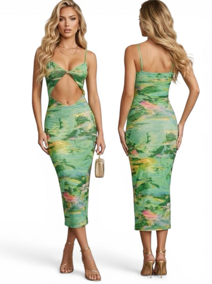 AFRM, Keefa Midi Dress in Acid Green Marble NWT Size: S.
