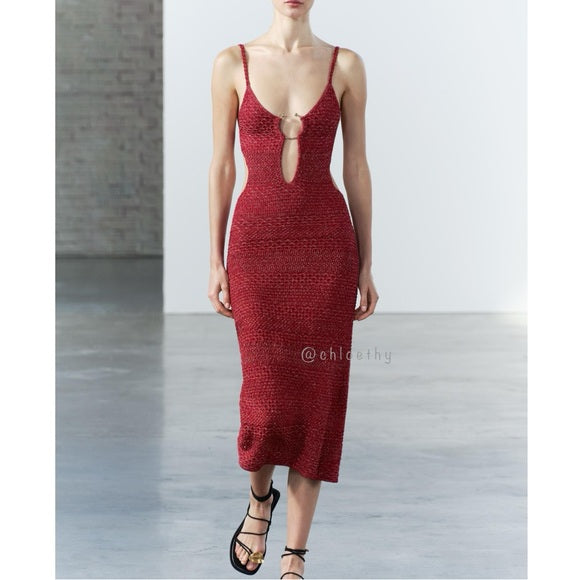 ZARA, Women Midi Strappy Dress With Buckle Cut-Out Red-Dress. Size: M