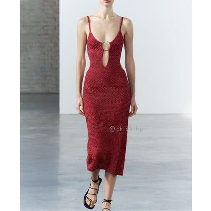 ZARA, Women Midi Strappy Dress With Buckle Cut-Out Red-Dress. Size: M