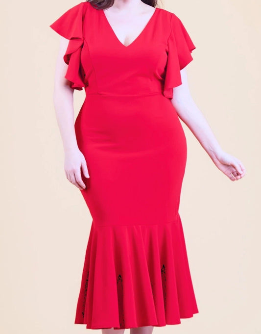 Ruffle Sleeve, V Neck Red Maxi-Dress.