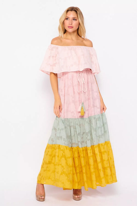 Off-Shoulder Color-Block Jacquard Maxi - Dress Southern Belle,