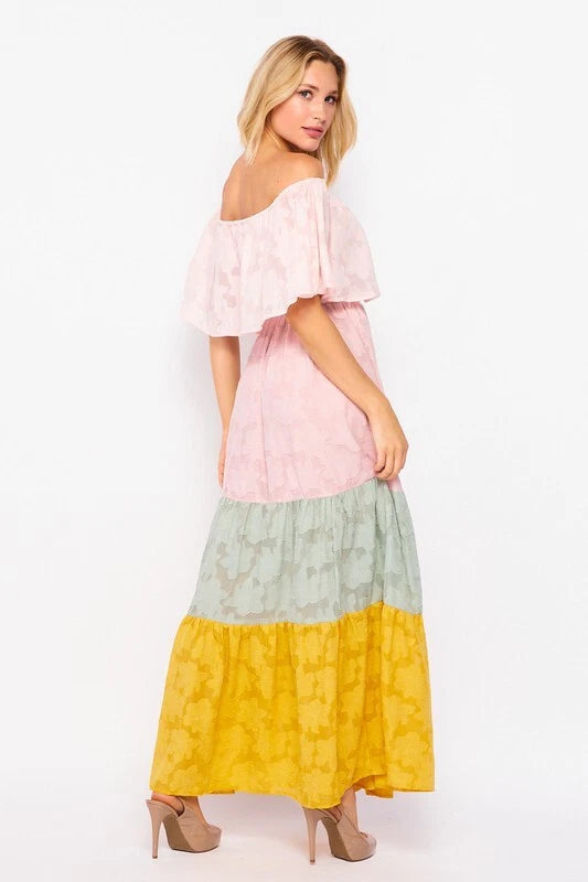 Off-Shoulder Color-Block Jacquard Maxi - Dress Southern Belle,