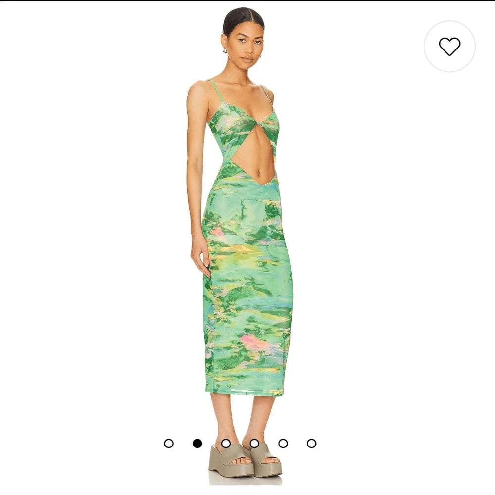 AFRM, Keefa Midi Dress in Acid Green Marble NWT Size: S.