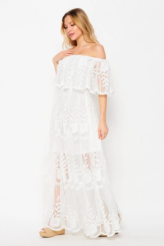 Off Shoulder Lace Maxi - Overlayed Off-Write-Dress.