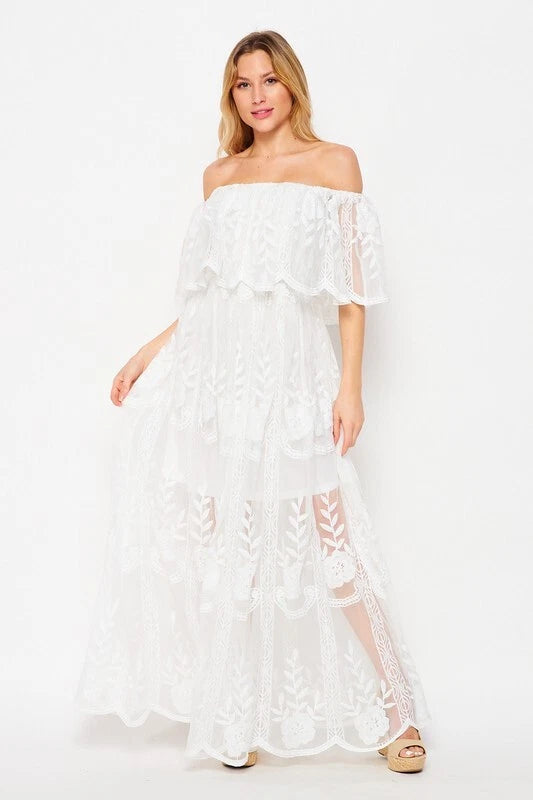 Off Shoulder Lace Maxi - Overlayed Off-Write-Dress.
